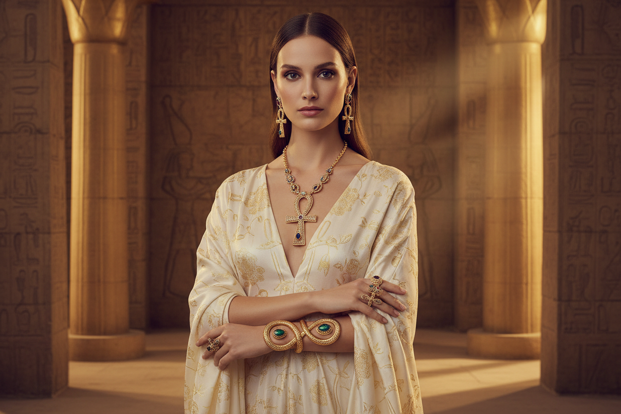 beutiful eroupian model wearing ankh acsserios like niclas , ear ring , rings and arm cuff , make a suitable background